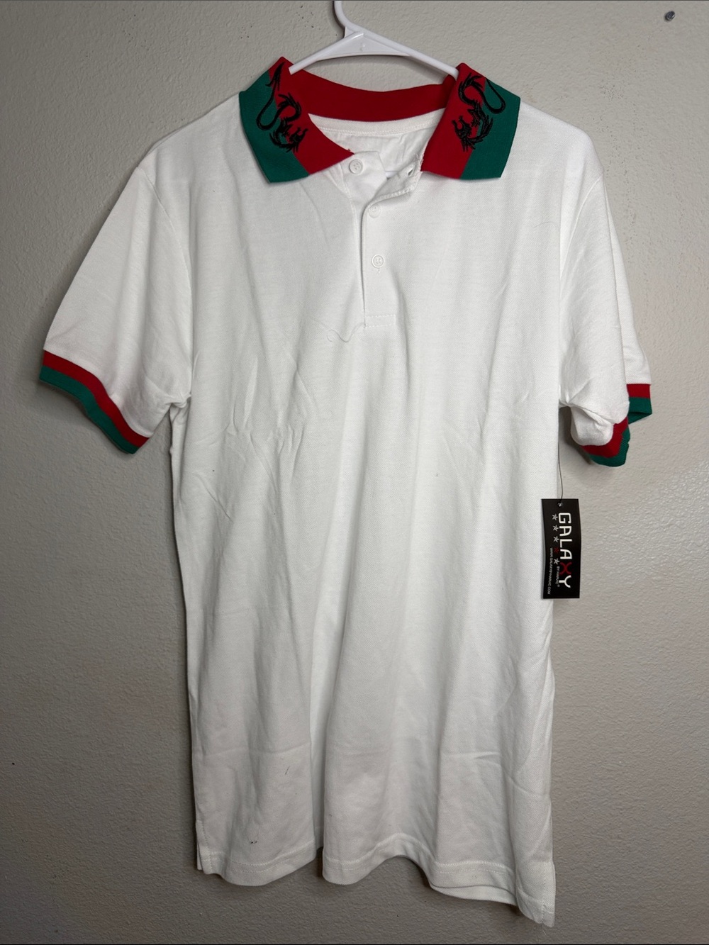 Galaxy By Harvic Dragon Collar Polo Shirt White Red Green Mens Medium NWT